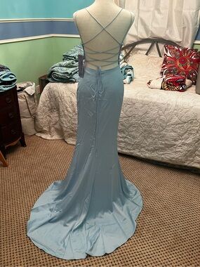 PromGirl Light Blue Lace-Up Back Satin Evening Dress